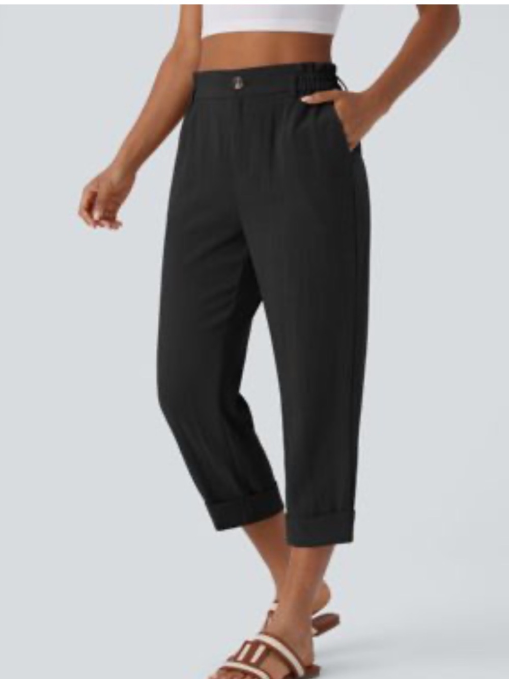 Halara High Waisted Zipper Pocket Cropped Linen-Feel Pants Black Medium NWT